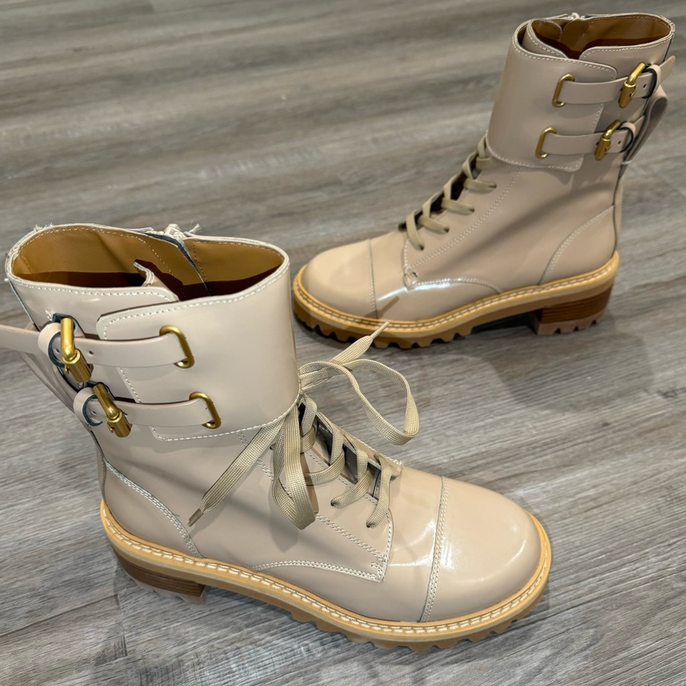 See by Chloe Mallory Dark Beige Leather Combat Lace Up Bootie Boots